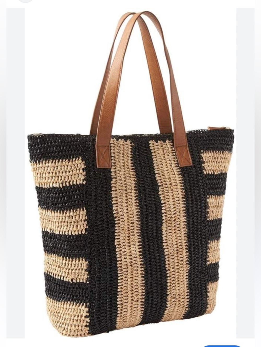 Athleta Woven Straw Tote Beach Vacation Bag with Black Stripes and Brown Handles
